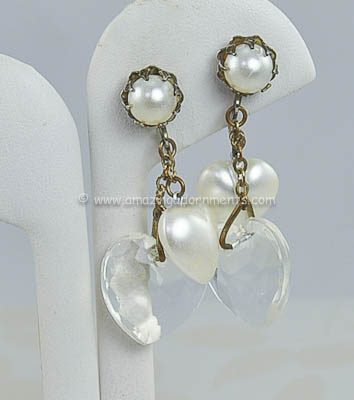 Romantic Vintage Signed MIRIAM HASKELL Crystal and Faux Pearl Heart Earrings