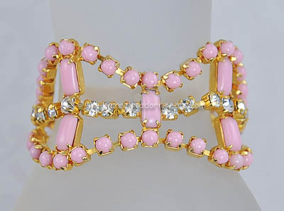 Glamourous Vintage Pink Glass and Clear Rhinestone Bracelet