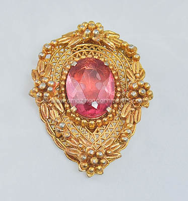 Detailed Unsigned Vintage Pink Glass on Filigree Clip