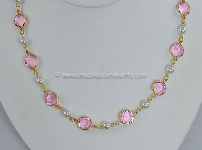 Contemporary Unsigned Pink Crystal and Faux Pearl Necklace