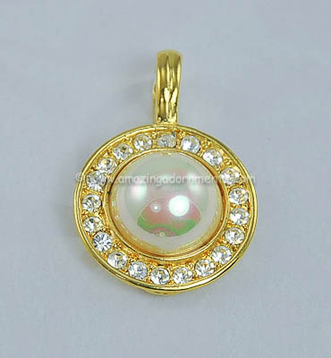 Graceful Iridescent Faux Pearl and Rhinestone Pendant Signed ROMAN