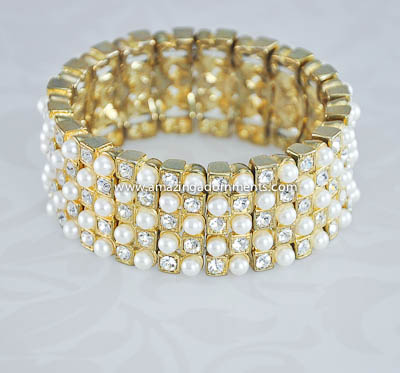 Glamourous Five Row Rhinestone and Faux Pearl Stretch Bracelet
