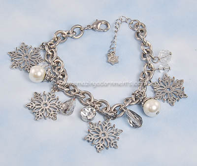 Wintery Snowflake, Faux Pearl and Crystal Charm Bracelet