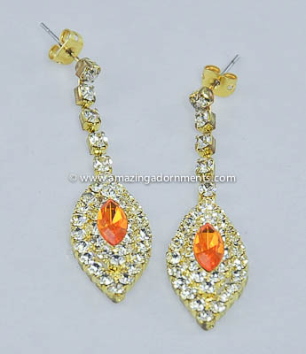Party Ready Unsigned Clear and Amber Rhinestone Pendant Earrings
