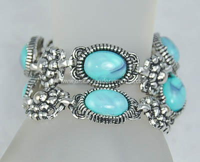 Vintage Two Strand Bracelet with Faux Turquoise and Floral Links