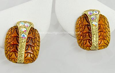 Remarkable Vintage Amber Resin Snake Earrings with Pastel Aurora Borealis Rhinestones