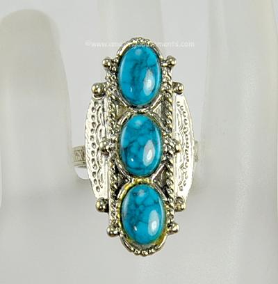 Elaborate Vintage Faux Turquoise Ring Signed ART