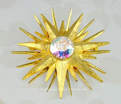 Radiant Vintage Sunray Brooch with Enormous AB Rhinestone Signed SCHIAPARELLI