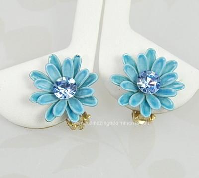 Vintage Signed LISNER Shades of Blue Enamel and Rhinestone Daisy Earrings