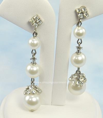 Vintage White Simulated Pearl and Clear Rhinestone Real Look Earrings