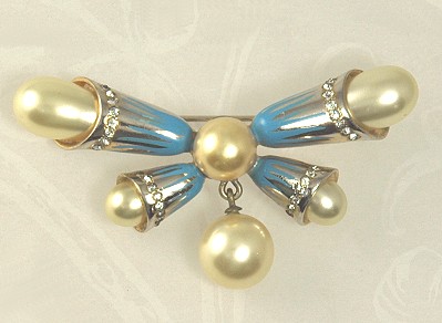 Uncommon Signed DEJA Enamel, Rhinestone and Faux Pearl Dangly Pin