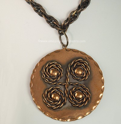 Vintage Signed REBAJES Big Medallion  Beatnik  Pendant Copper Choker Necklace ~ BOOK PIECE