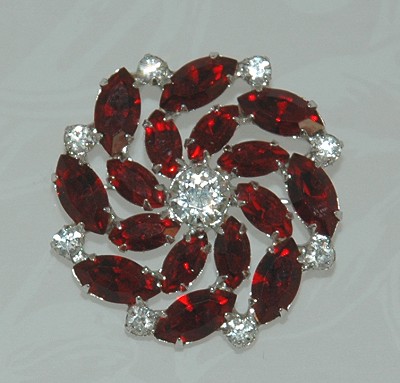 Elegant Signed B. DAVID Ruby Red and Clear Rhinestone Pinwheel Brooch