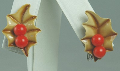 Vintage Golden Celluloid Holly Christmas Earrings