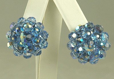 Vintage Blue Crystal Cluster Ear Clips Signed LAGUNA