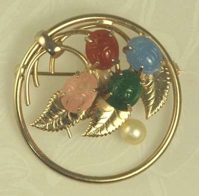 Vintage Carved Glass Scarab and Faux Pearl Circle Brooch
