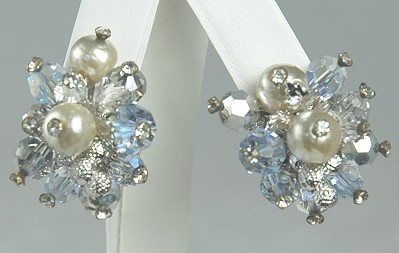 Frosty Blue Crystal and Faux Baroque Pearl Earrings Signed VENDOME