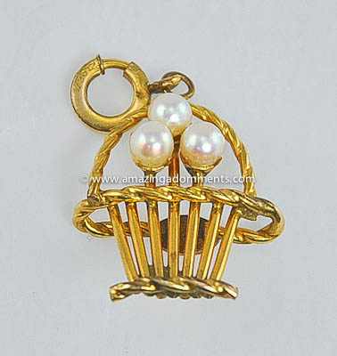 Darling Vintage Signed Gold Filled and Genuine Pearl Flower Basket Charm