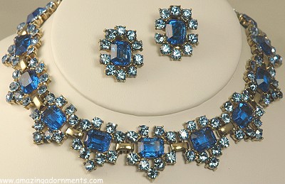 Rare Signed JERAY Blue Rhinestone Necklace and Earring Set