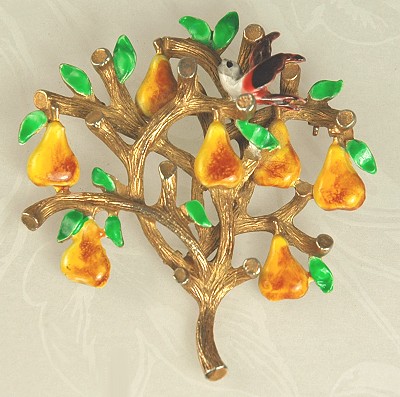 CADORO Vintage Enamel PARTRIDGE in a PEAR TREE Brooch