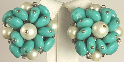 Fabulous Wired Bead and Faux Pearl Earrings Signed JONNE