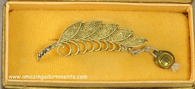 Wavy Leaf Form Gilded Sterling and Marcasite Brooch Signed THEODOR FAHRNER