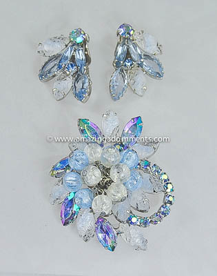 Vintage White Carved Glass and Blue Rhinestone Set from DELIZZA & ELSTER