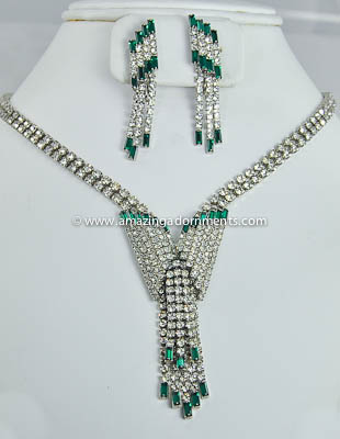 Glamourous Vintage Emerald and Clear Rhinestone Necklace and Earring Set