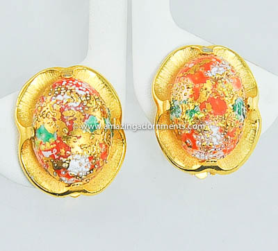 Phenomenal Vintage Speckled Cabochon Earrings Signed JUDY LEE