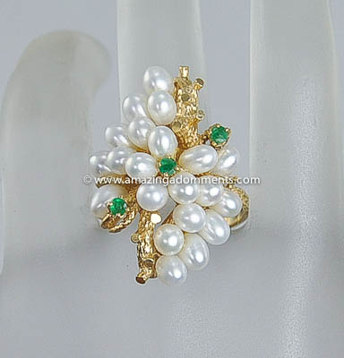Stunning Vintage Faux Pearl Ring with Green Rhinestones~ Size 7