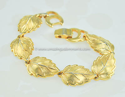 Vintage Signed VOLUPTE Linked Golden Autumn Leaf Bracelet