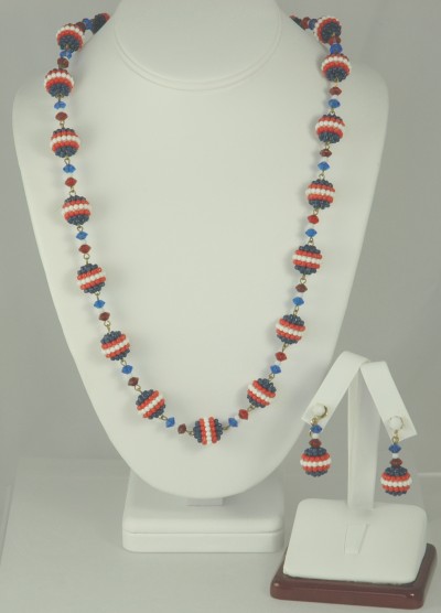 Red, White and Blue Beaded Necklace and Dangle Earring Set