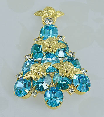 Festive Aqua and Clear Rhinestone Christmas Tree Pin Signed ATTRUIA