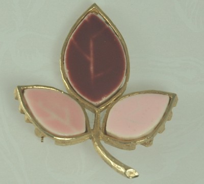 Pink and Burgundy Glass and Gold- Tone Foliate Brooch