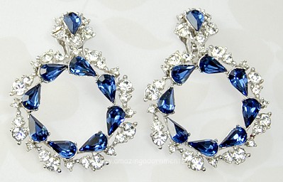 Bodacious Sapphire and Clear Rhinestone Hoop Earrings Signed BOGOFF