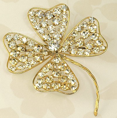 Vintage CALVAIRE Colossal Crystal Rhinestone Clover Brooch