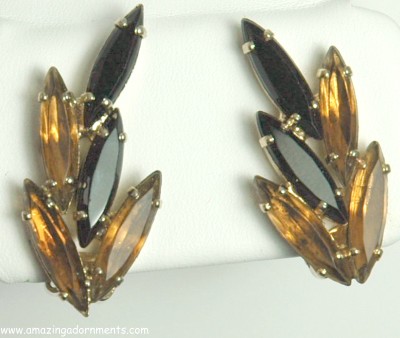 Vintage Black and Amber Rhinestone Earrings Signed GARNE