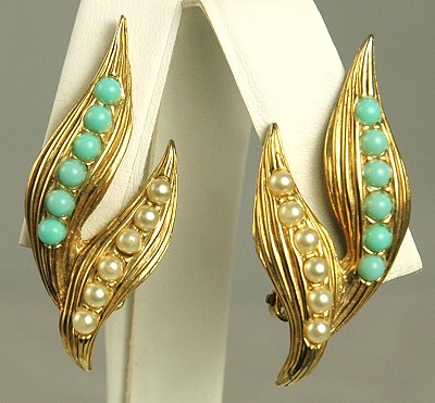 Vintage Faux Turquoise and Faux Pearl Ear Climbers Signed SCHIAPARELLI