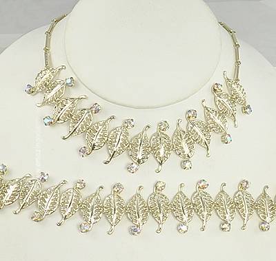 Lacy Linked Leaf Necklace and Bracelet Set with Aurora Borealis Rhinestone Tips