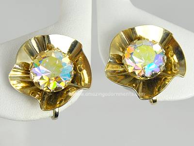 Shimmering Vintage Pastel Aurora Borealis Rhinestone Flower Earrings