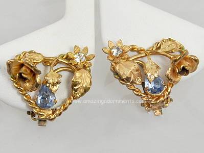 Highly Crafted Vintage Roses and Rhinestone Earrings Signed MADE IN AUSTRIA