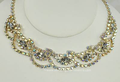 Twinkling Vintage Pastel Aurora Borealis and Black Diamond Navette Necklace
