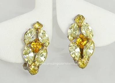 Glitzy Unsigned Vintage Jonquil and Amber Rhinestone Earrings