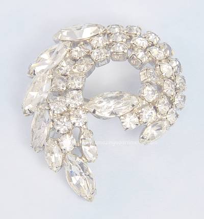 Elegant Vintage Clear Rhinestone Comma Brooch
