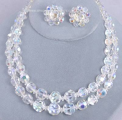Shimmering Two Strand Clear Crystal Necklace and Earring Set Signed CORO