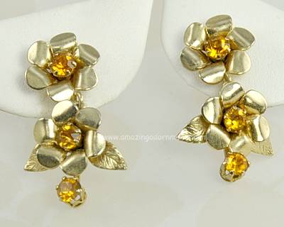 Superior Vintage Signed CORO Topaz Rhinestone Flower Earrings