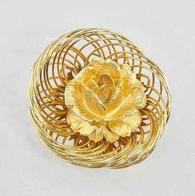 Superlative Vintage Rose in Wire Work Nest Pin Signed FLORENZA