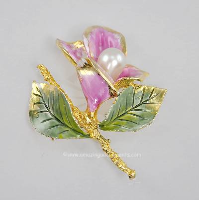 Gorgeous Vintage Enamel and Faux Pearl Lily Flower Brooch Signed HATTIE CARNEGIE