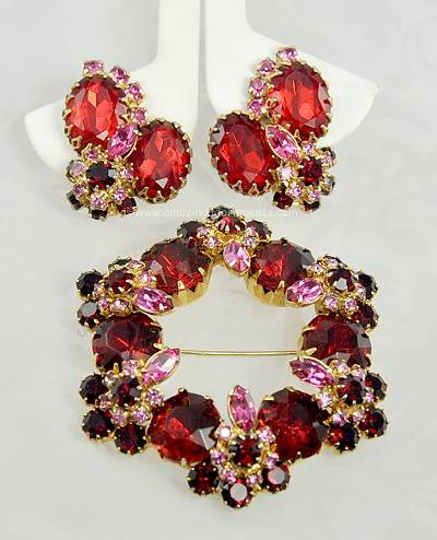 Unsigned SCHREINER Red, Pink and Clear Rhinestone Demi- parure