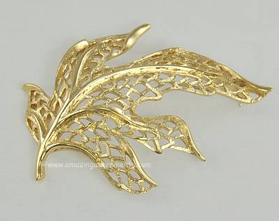 Distinguished Vintage Open Metal Work Oak Leaf Brooch Signed MONET